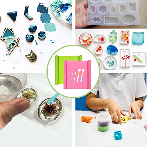 HiGift 2 Pack A3 Extra Large Silicone Mats for Crafts Jewelry Casting Molds Sheets with 2 PCS Silicone Stir Sticks 2 PCS Silicone Brushes for Crafting, Green & Pink (15.7 x 11.7 inches)