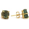 Gempires Natural Raw Green Emerald Stud Earrings Simple Dainty Jewelry May Birthstone Crystal with Gold Plated Prong Setting Gift for Formal Events and Everyday Elegance (Emerald)