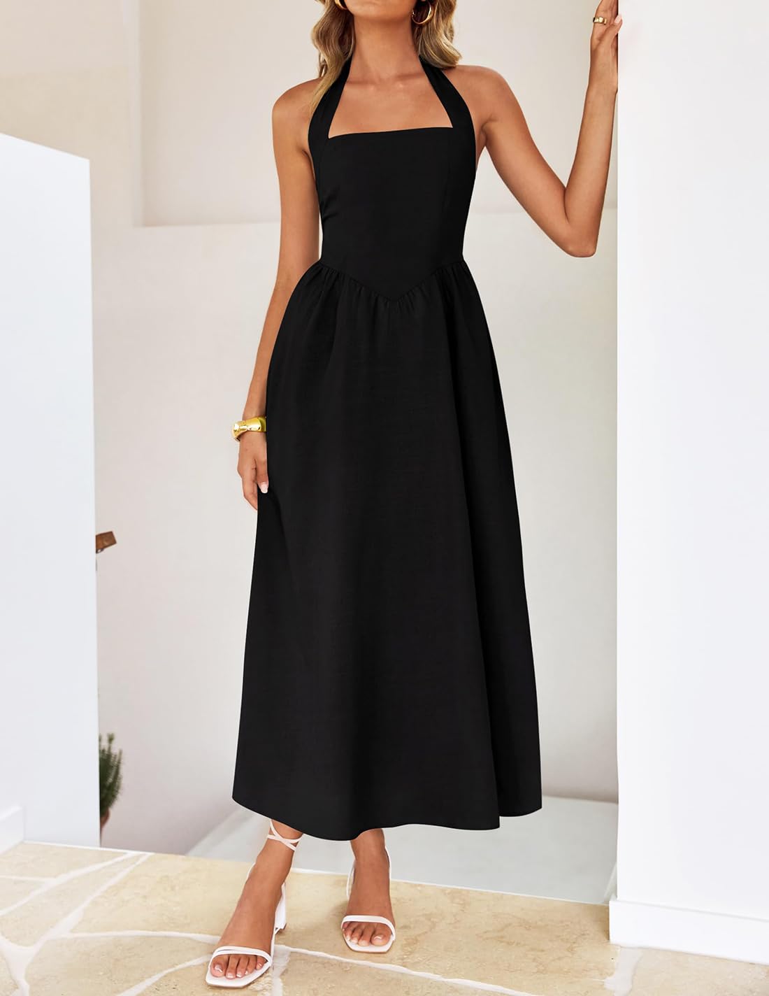 ZESICA Women's Summer Sleeveless Halter Midi Dress 2025 Off Shoulder High Waist Swing Flowy Beach Long Dresses