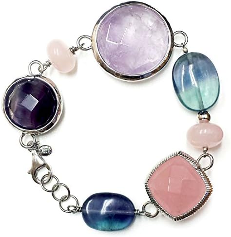 925 Sterling Silver Natural Rose Quartz, Amethyst, Fluorite Gem 8 Inches Bracelet