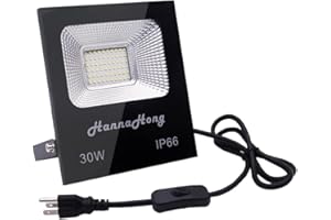 HANNAHONG 30W LED Flood Work Light Outdoor,3600 lm 6000K Daylight White,IP66 Waterproof,5ft Cord US-3 Plug Yoke Mount,Super B