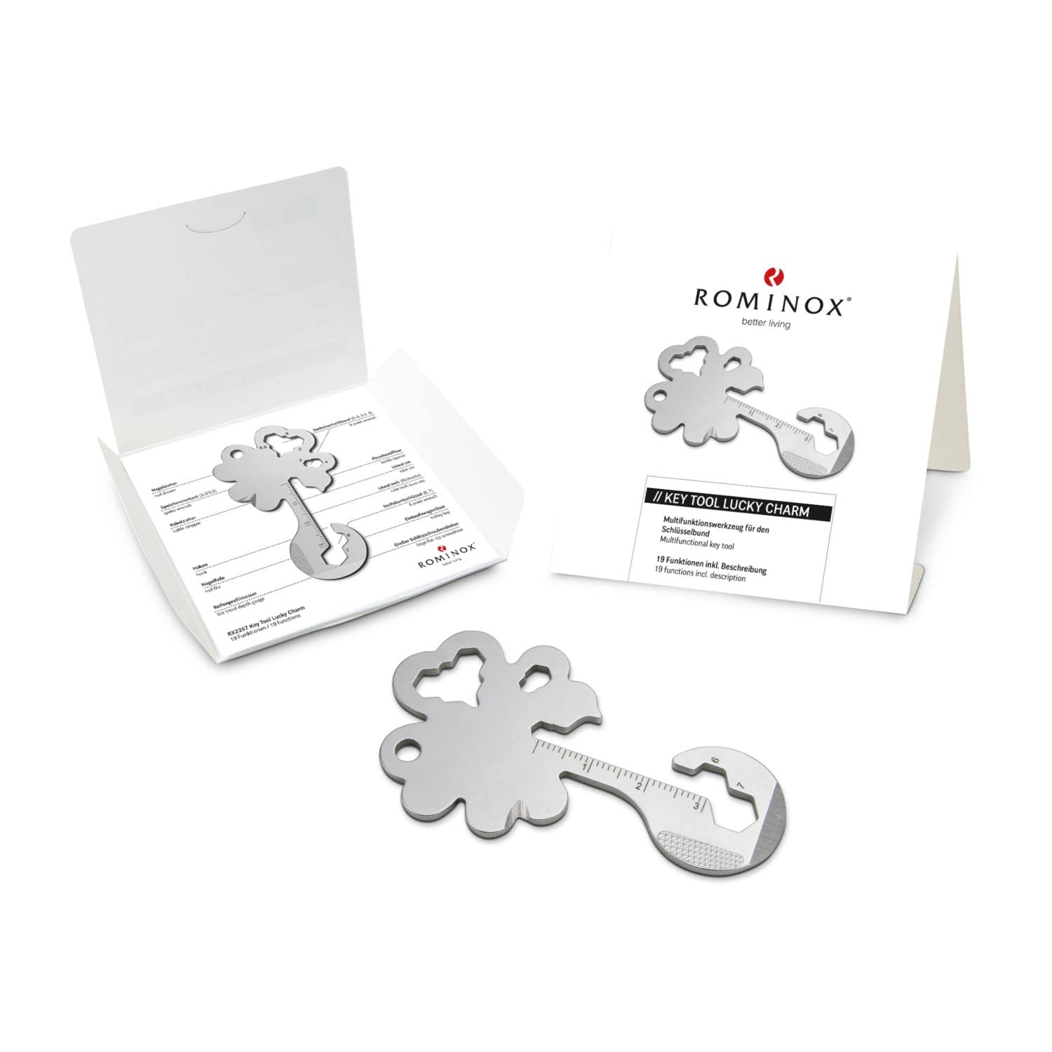 Gift Item: ROMINOX Key Tool Lucky Charm, 19 Function, Clover Keychain, Lucky Charm, Stainless Steel, Multi-Tool with Function Description, Multi-Tool