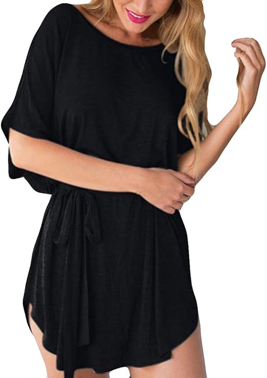 T Shirt Dress For Women Batwing Half Sleeve Pleated Solid Color