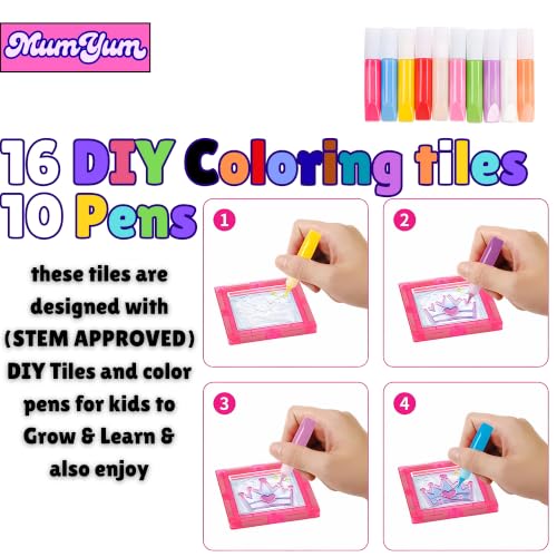 MUMYUM | 126 pcs Set | 10 Coloring pen | 16 DIY Tiles | 6 Cartoon Characters | 1 Car | Magnetic tiles for kids With DIY coloring Tiles and Pens – Pink Queen Castle Magnatiles Building Blocks With Car