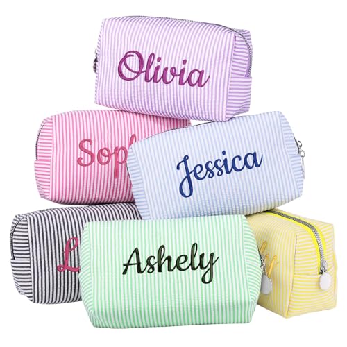Personalized Makeup Bag with Embroidered Name&Birth Flower for Bridesmaid Gifts,Custom Small Travel Cosmetic Bag Toiletry Bag Wedding Gifts for Bride