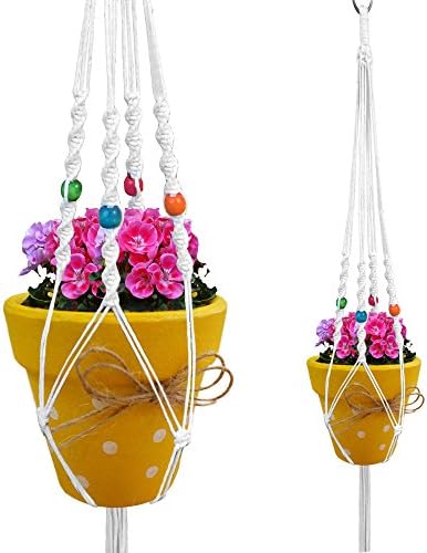 Macrame Plant Hanger White Indoor Outdoor Hanging Planter Flower Pot Basket Cotton White Rope 4 Legs 35 Inch with Colored Beads. Perfect for Patio Balcony Deck Garden Round and Square Pots