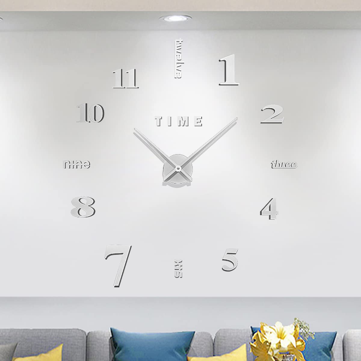 Meyiert Modern Frameless DIY Mute Large Wall Clock 3D Mirror Sticker Metal Big Watches Wall Clock for living Room Kitchen Home Office Bedroom School Decoration (Silver)