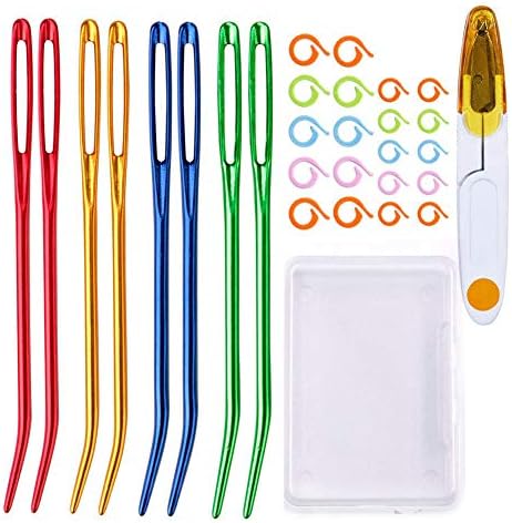 Knitting Needles Set Includes 8 Pieces Colorful Bent Tip Tapestry Needles 20 Pieces Plastic Needle Clips Knitting Crochet Markers and 1 Scissor