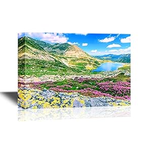 Beautiful Nature Landscape/Scenery Canvas Wall Art - Glacier Lake,High Mountains and Stunning Pink Flowers - Gallery Wrap Modern Home Art | Ready to Hang - 12x18 inches