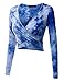 Doublju Womens Long Sleeve Deep V-Neck Tie Dye Printed Surplice Crop Top