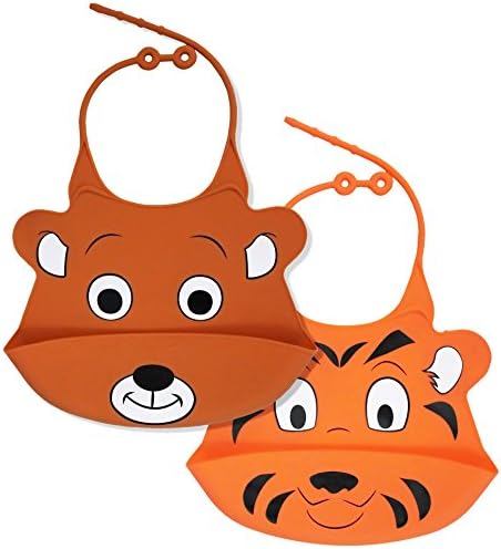 Silicone Baby Bibs With Food Catcher - 2 Pack, Soft, Waterproof, Colors Orange &amp; Brown, For Boys &amp; Girls, Food Grade Silicone, BPA &amp; Latex Free, Dishwasher Safe)