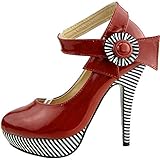 SHOW STORY Wine Red Flower Ankle Strap Stripe Stiletto High Heel Platform Pumps,LF30404RD40,9US,Red