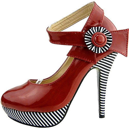SHOW STORY Wine Red Flower Ankle Strap Stripe Stiletto High Heel Platform Pumps,LF30404RD40,9US,Red