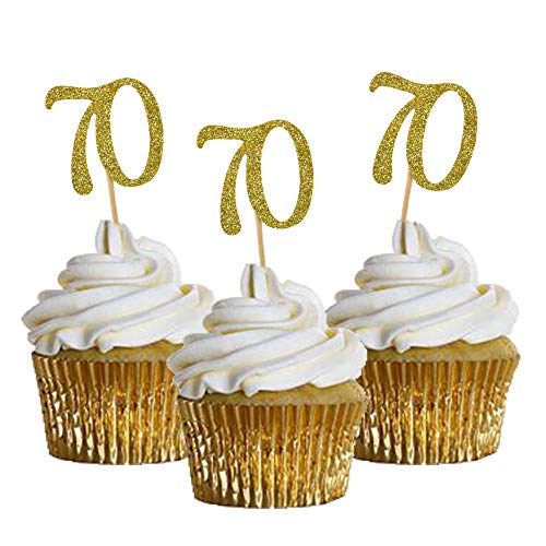 HZOnline Cupcake Toppers 70th Birthday, Golden Glitter Number 70, Cake Picks for Birthday Celebrating, Anniversary Party Decor (24PCS)