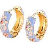 Vintage Enamel Huggie Hoop Earrings for Women Elegant Enamel Flower Hoop Earrings Dainty Colorful Flower Hoop Earring Trendy Huggie Hoop Earring Jewelry for Women