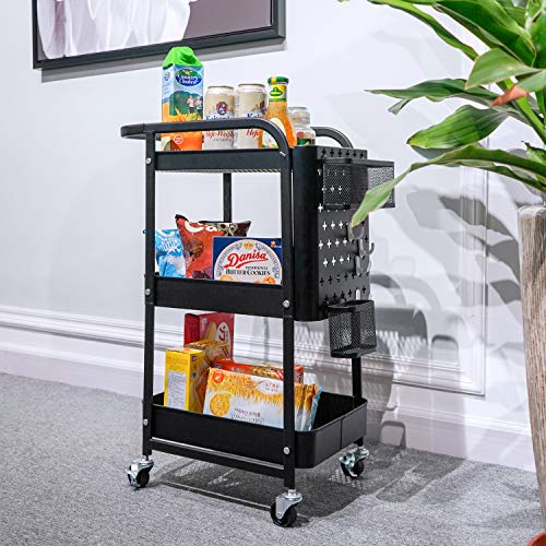 Titan Mall Metal Storage Rolling Cart, 3-Tier Organizer Cart with Removable Pegboard Hooks and Utility Handle for Kitchen Office Classroom, Black - Thumbnail 4