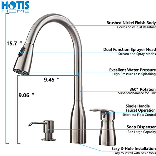 Hotis 3 Hole Pull Out Prep Sprayer Stainless Steel Single Handle Pull Down Kitchen Faucet, Brushed Nickel Kitchen Sink Faucet with Soap Dispenser
