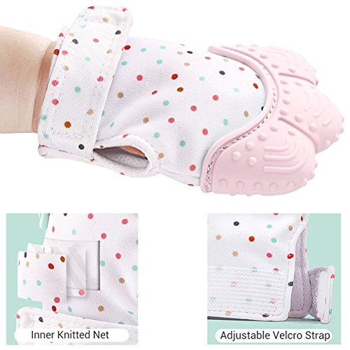Silicone Baby Teething Mittens for babies 2 Pcs Gloves between 3~ 12 Months Self Soothing Teether Teething Pain Relief Toy 2 pack (pink,blue))