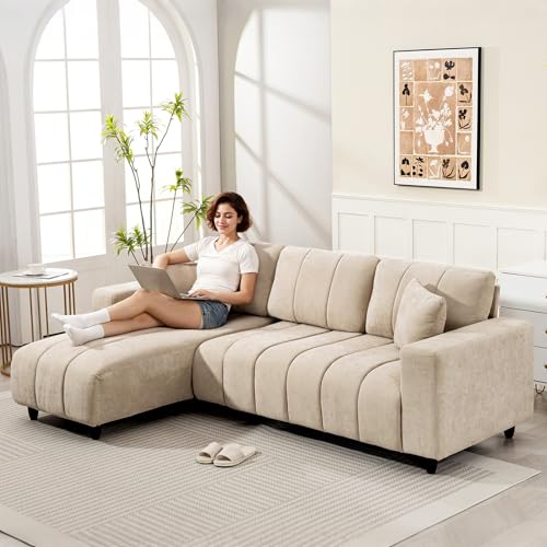 HOMCOM Sectional Couch with Changeable Chaise, Integrated Seat, 95" Large 3 Seater L-Shaped Sofa with Spring Cushion, 2 Pillows, Steel Frame, Sectional Sofa for Living Room, Beige