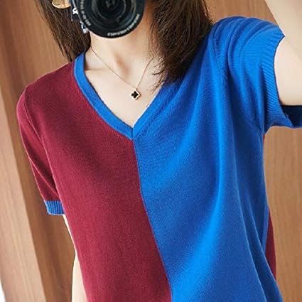 Amazon Co Jp レディースtシャツ Colorblock Vネックニット半袖ハーフ長袖tシャツ 色 Wine Red サイズ Free Size 家電 カメラ