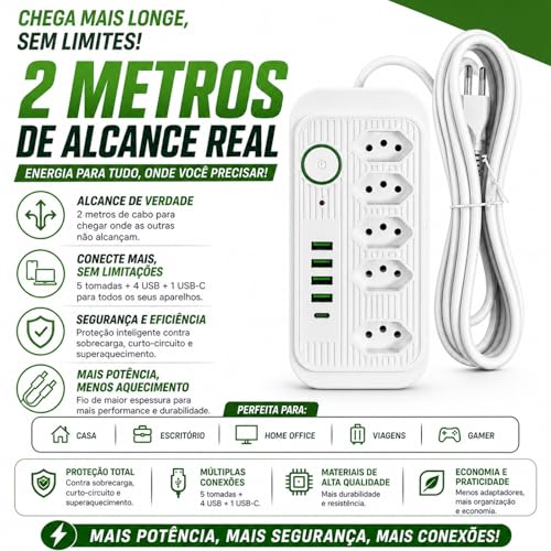 Filtro de Linha 2500W Bivolt com 4 USB + 1 USB-C, 5 Tomadas 3 Pinos, Cabo 2m, Proteção Contra Sobrecarga, Interruptor Liga/Desliga, Régua de Energia para TV, PC, Notebook, Escritório e Setup Gamer