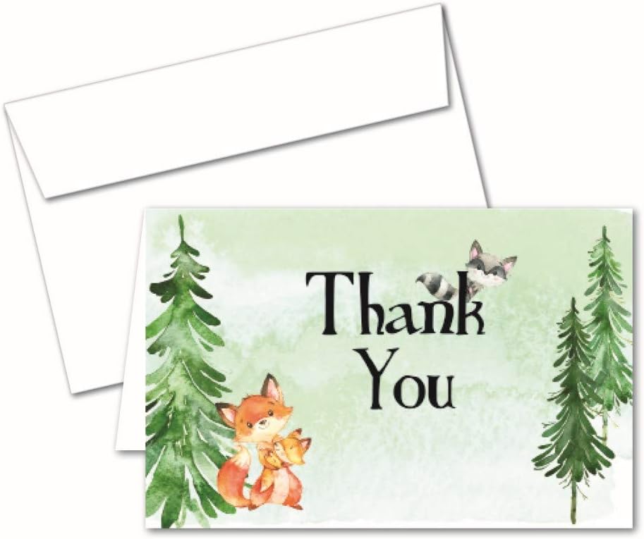 Woodland Creatures: 50 Thank You Cards and Envelopes for Baby Shower, Birthday, Mom's Guests. with Forest Animal Themes of Rustic Woodland Party Supplies and Decorations for Boy, Girl, Gender Neutral