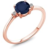 Gem Stone King 10K Rose Gold Blue Sapphire and White Diamond Solitaire Engagement Ring For Women (1.03 Cttw, Round 6MM, Gemstone September Birthstone)