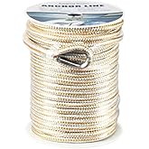 Amarine Made Heavy Duty Double Braid Nylon Anchor Line with Stainless Steel Thimble-White/Gold Color 1/2 inch Thickness 150 ft Length