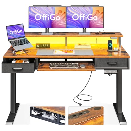 51F2lOgDTaL Offigo Höhenverstellbarer Schreibtisch Mit 2 Schubladen Und Tastaturablage, 120 Cm Elektrischer Schreibtisch Mit Monitorständer, Tisch Höhenverstellbar Mit Rgb Licht Und Steckdosen, Braun