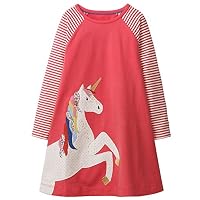 Fiream Girls Crewneck Long Sleeve Cotton Dress Xmas Red Unicorn Gifts for Girls(160Pink,6T/6-7YRS)