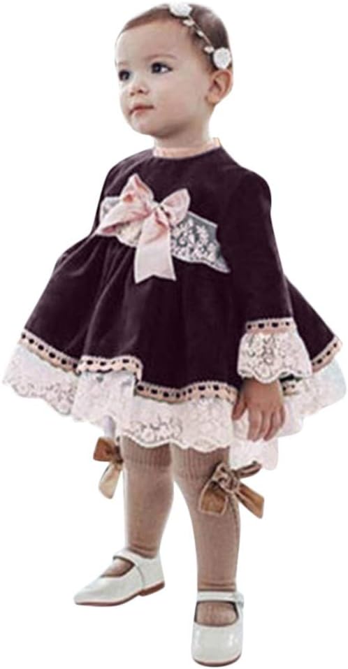 Muium Toddler Baby Girls Lace Patchwork Bow Princess Dresses, Long Sleeve Tutu Skirts Fancy Sundress Casual Costume for 0-4 Years Old