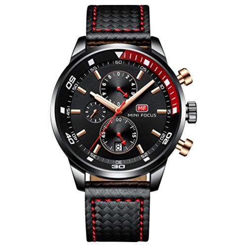 Mens Multi-Function Casual Sports Watches Waterproof Stylish Dial Leather Strap Quartz Wrist Watch (Black)