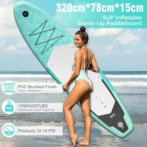 Adult Inflatable Surfboard, 320 cm Inflatable Sup with Accessories: Paddle, Pump, Fish Fins *3, Load Capacity of 135 kg, Plus Sup Board for All Levels Surfers