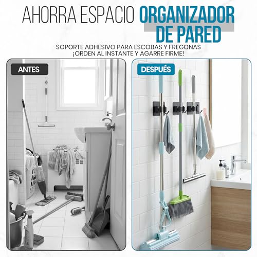 MIQUEP® ️ 4 x Stylish Adhesive Broom and Mop Hanger | Broom Holder Wall Without Drill, Broom Hanger Hooks for Home Cleaning.