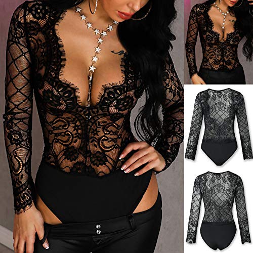 Carolilly-Body-Donna-in-Pizzo-Sexy-Elegante-Lingerie-Sexy-Nero-Tuta-da-Donna-Manica-Lunga-con-Scollo-a-V-Profondo-Pagliaccetto-Trasparente-Babydoll-Donna