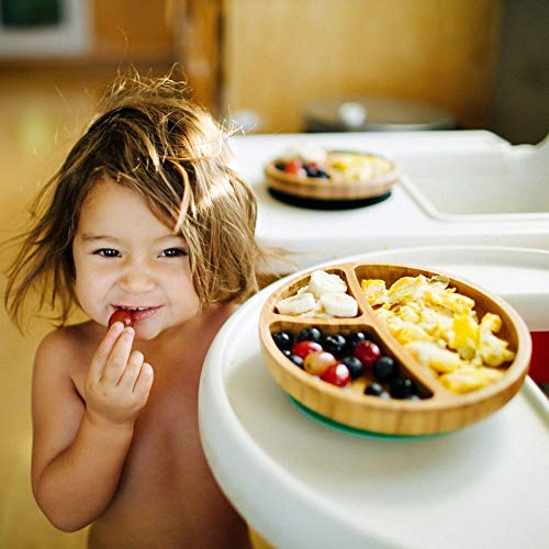 Avanchy Baby Toddler Feeding Bamboo Plate + Bowl + Forks + Spoons - Stay Put Suction Divided Plates. Gift Set Yellow