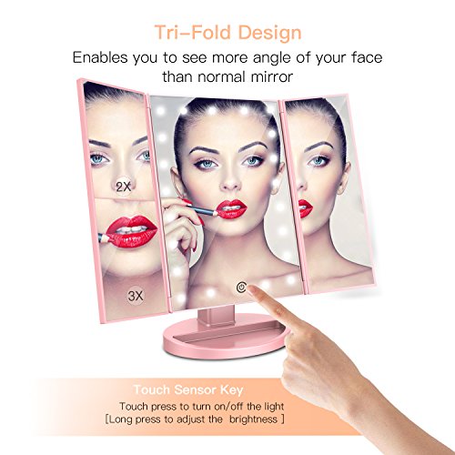 BESTOPE Makeup Vanity Mirror with 3x/2x Magnification,Trifold Mirror with 21 Led Lights,Touch Screen, 180° Adjustable Rotation,Dual Power Supply, Countertop Cosmetic Mirror (Pink Gold)
