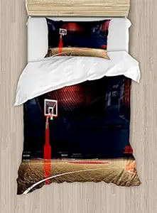 Ambesonne Basketball Duvet Cover Set, Picture of Empty Basketball Court Sport Arena with Wood Floor Print, Decorative 2 Piece Bedding Set with 1 Pillow Sham, Twin Size, Black Brown