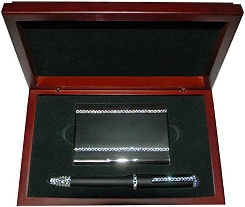 Metal Card Holder Pen Set with Swarovski Crystal Decoration in Luxury Wood Box