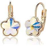 Austrian Crystal Flower Leverback Drop Earrings for Women 14K Rose Gold Plated Hypoallergenic Jewelry