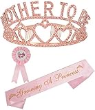 Mother To Be Tiara Hearts Crown Pink + Growing A Princess Sash + Dad To Be Pin - Pink Baby Shower Party Favors Decorations Gift for Girl