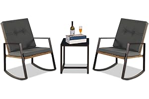 YIYAN 3 Piece Bistro Set Outdoor Patio Rocking Wicker Chairs with Washable Cushion and Coffee Table (Gray)