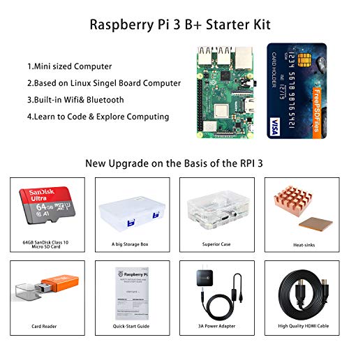 Raspberry Pi 3 B+, Complete Starter Kit with Motherboard, 64 GB Micro SD Card with NOOBS pre-loaded, 5V 3A Power Adapter, HDMI Cable, Micro SD Card Reader, and Big Transparent Box