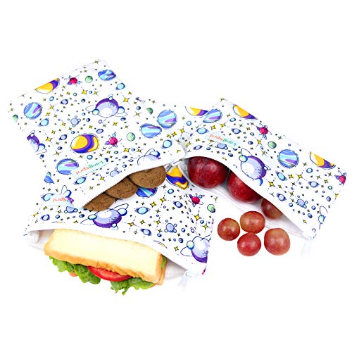 Langsprit Premium Reusable Sandwich & Snack Bags- Eco Friendly Dishwasher Safe Lunch Bags - Set of 3 - (Planet)