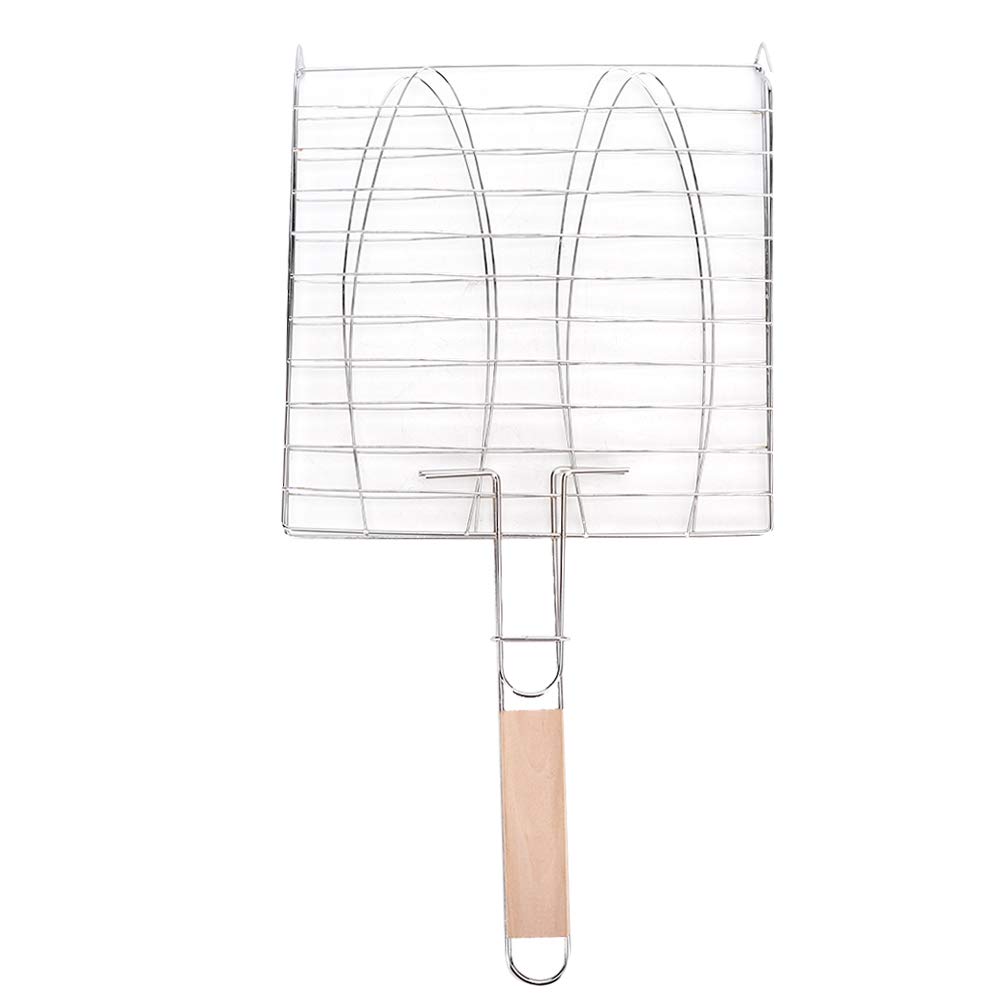 Fish Grilling Basket Stainless Steel BBQ Fish Grill Basket with Detachable Wooden Handle Fish Grill Rack Meat Burger Long Handle Mesh Basket Folding Stand Folding Portable BBQ Grill Basket