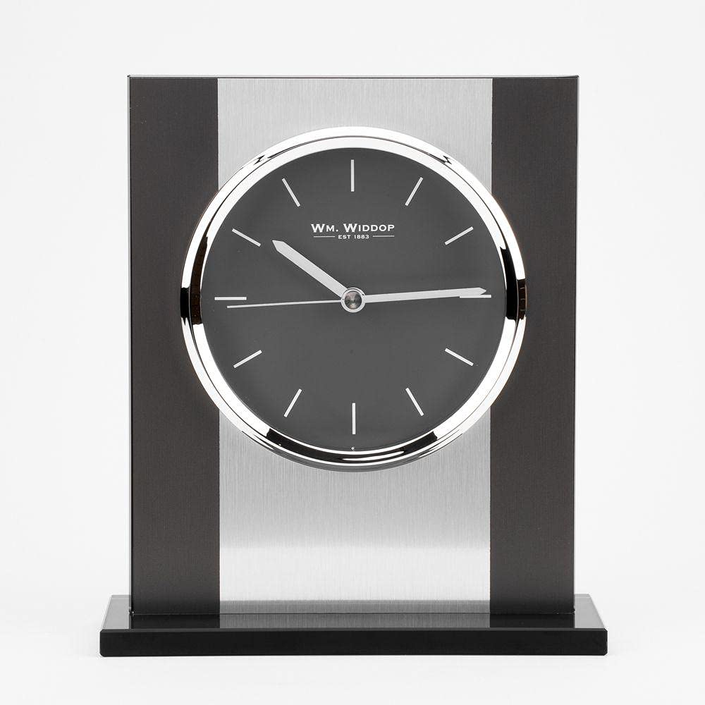 WM. Widdop Black Glass and Brushed Aluminium Contemporary Mantel Clock