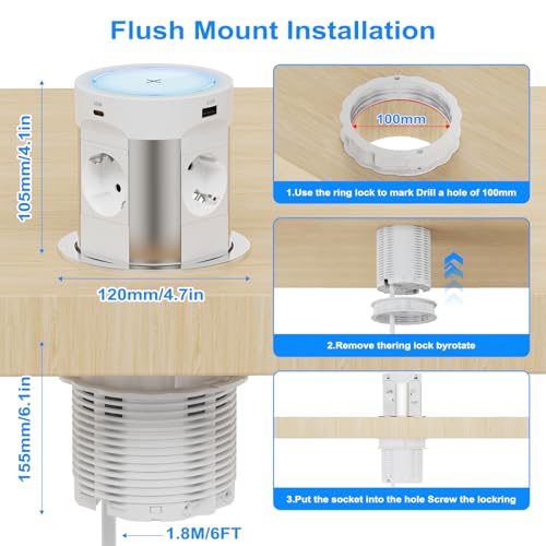 Worktop retractable socket, 2 USB-C 75 W Total, Qi 15 W, Ø100 mm | Built-in power strip with single push outlet, 4 AC outlets, 2 USB-A 45W+30W, kitchen and central island, white