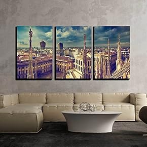 3 Piece Canvas Wall Art - Milan, Italy Panorama. View from Milan Cathedral. Royal Palace of Milan - Modern Home Art Stretched and Framed Ready to Hang - 16"x24"x3 Panels