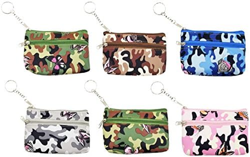 6 Pack Coin Purse, Small Zippered Keychain Wallet, Cash Holder Change Pouch for Women Girls Gift (6 Pack, Camo &amp; Butterfly)
