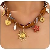 Juewaok 18K Gold Plated Silk Scarf Necklace for Women, Bandana Necklace with Stainless Steel Charms Choker, Vintage Jewelry Flower Sun Coin Butterfly Pendant Necklaces, Boho Christmas Gifts